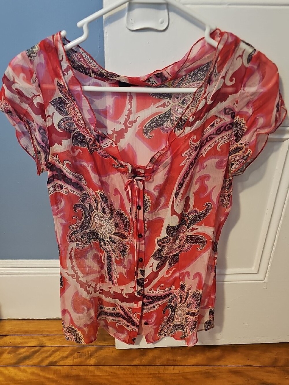 Tahari Coral and Black Paisley Sheer, Silk Blouse